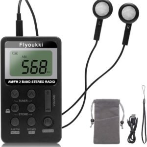 Pocket Small Radio by Flyoukki, Personal Mini AM FM Portable Digital Tuning Transistor Radios with Best Reception, Earphones, Lanyard and Rechargeable Battery for Walking Jogging Exercising (Black)
