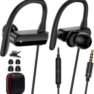 Sports Headphones Wired Earbuds 3.5mm with Microphone Running Workout Over Ear Earphones with Ear Hook, 3.5MM Jack Plug in Noise Cancelling Headset for iPhone for Samsung Galaxy A14 A13 A12 MotoG MP3