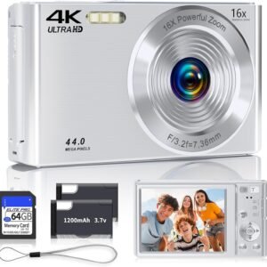 Digital Camera, 2025 4K 44MP Digital Cameras with Auto Focus for Teens, Silver Tip Kids Camera with 16X Zoom, 64GB SD Card, Compact, Small for Boys