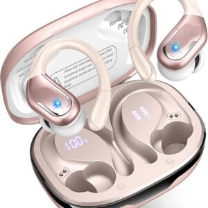 Wireless Earbud, 75H Bluetooth 5.4 Headphones Sport IP7 Waterproof, Running Wireless Earphones with ENC Noise Canceling Mic, 3D Bass Over Ear bud with Earhooks for Android, iOS, Workout, Gym, Rosegold