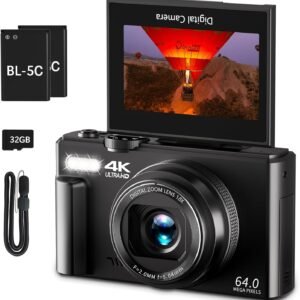 4K Digital Camera for Photography, 64MP Vlogging Camera for YouTube with 3" 180?? Flip Screen, 18X Digital Zoom Point and Shoot Camara with 32GB Micro SD Card for Beginner (Black)