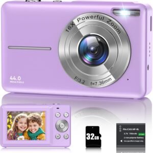 Digital Camera 1080P, 44MP Photo Camera, 16X Digital Zoom Camera, Vlogging Camera, Compact Camera with 2.4 Inch LCD Screen, 32G Micro Memory Card, 1 Battery for Children, Teenagers, Students