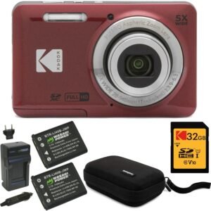 Kodak PIXPRO Friendly Zoom FZ55 Digital Camera (Red) Bundle with 32GB SD Card, Camera Case, and Battery Travel Charger (4 Items) Toys