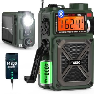 Greadio Portable Shortwave Radios with NOAA Weather Radio, 14800mWh Digital Radio AM FM with Bluetooth 5.4, Crank/Solar/USB Charging, Support USB/TF, Power Bank/SOS/Flashlight for Outdoor, Emergency