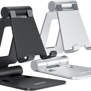 Nulaxy 2 Pack Fully Aluminum Dual Folding Cell Phone Stand, Adjustable Foldable Desktop Phone Holder for Desk Compatible with iPhone 17 16 15 14 13 12 11 Pro Max Xs Xr X 8, All Phones, Black & Silver