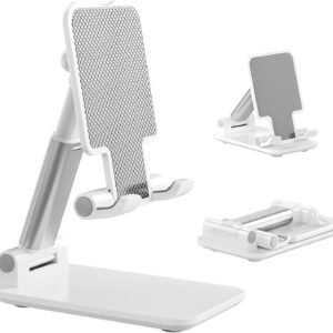 Phone Stand, Phone Holder for Desk Anti-Slip Cute Office Accessories Forldable Cell Phone Holder Compatible with iPhones, All Mobile Phones, White-Silver, Pro